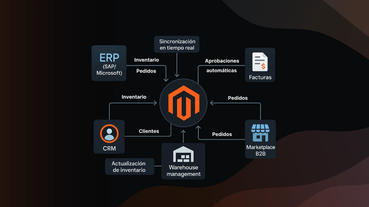 Diagrama arquitectura Magento 2 con integraciones ERP y sistemas B2B