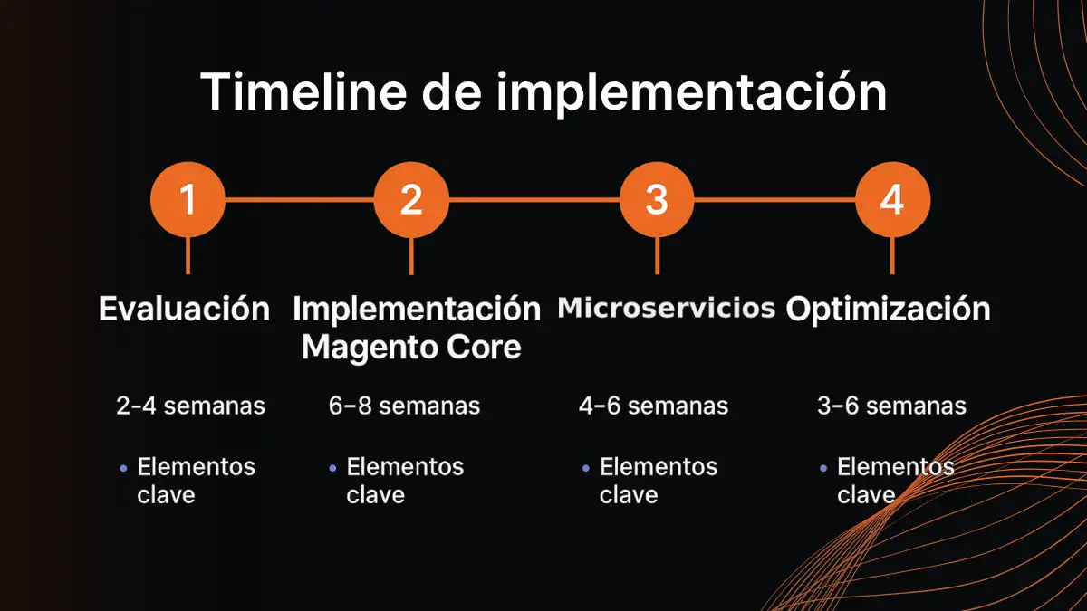 Cronograma de implementación MACH en Magento 2 con fases del proyecto B2B