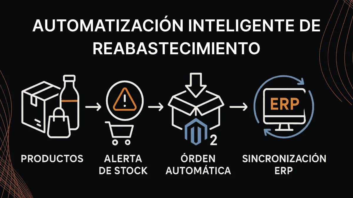 Automatización de reabastecimiento mayoristas Magento 2 flujo inteligente stock
