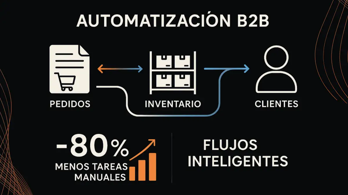 Infografía de automatización de procesos B2B en Magento 2 mostrando flujos de trabajo automatizados