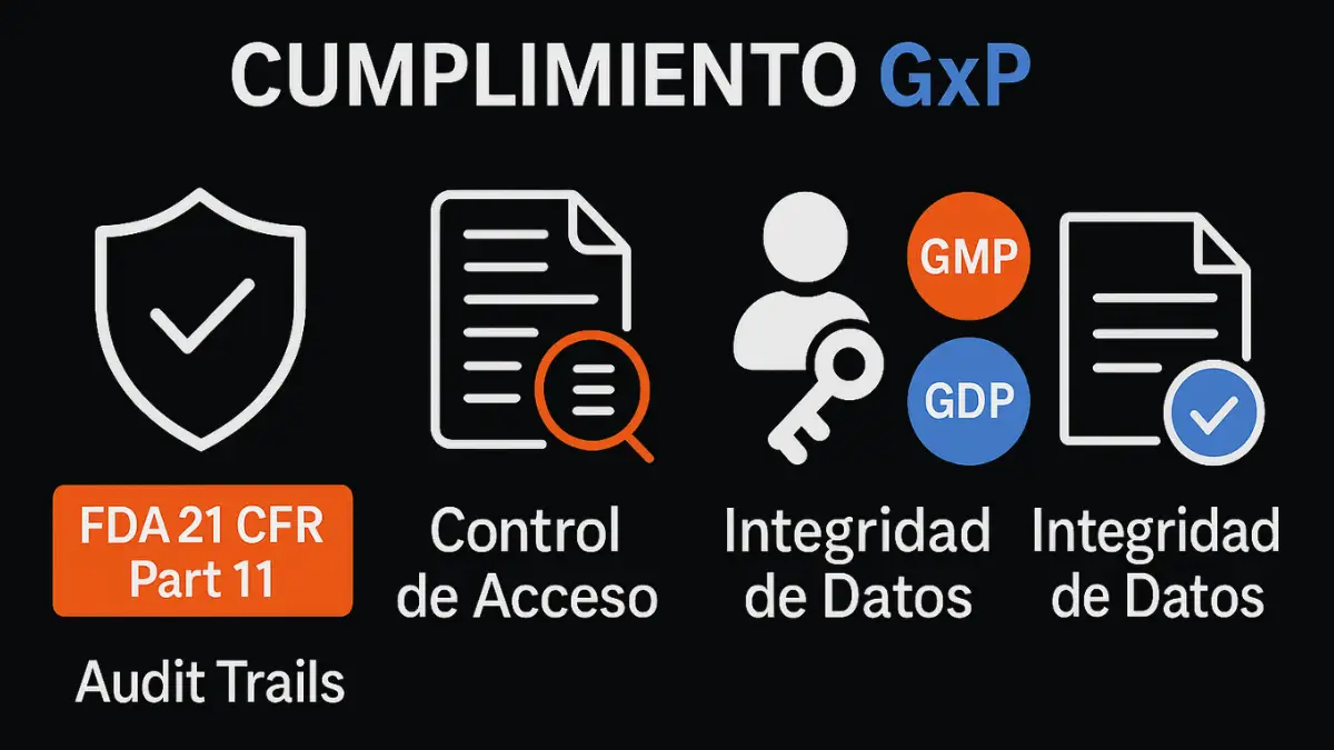 Infografía del cumplimiento GxP en Magento 2 mostrando audit trails, control de acceso y regulaciones farmacéuticas