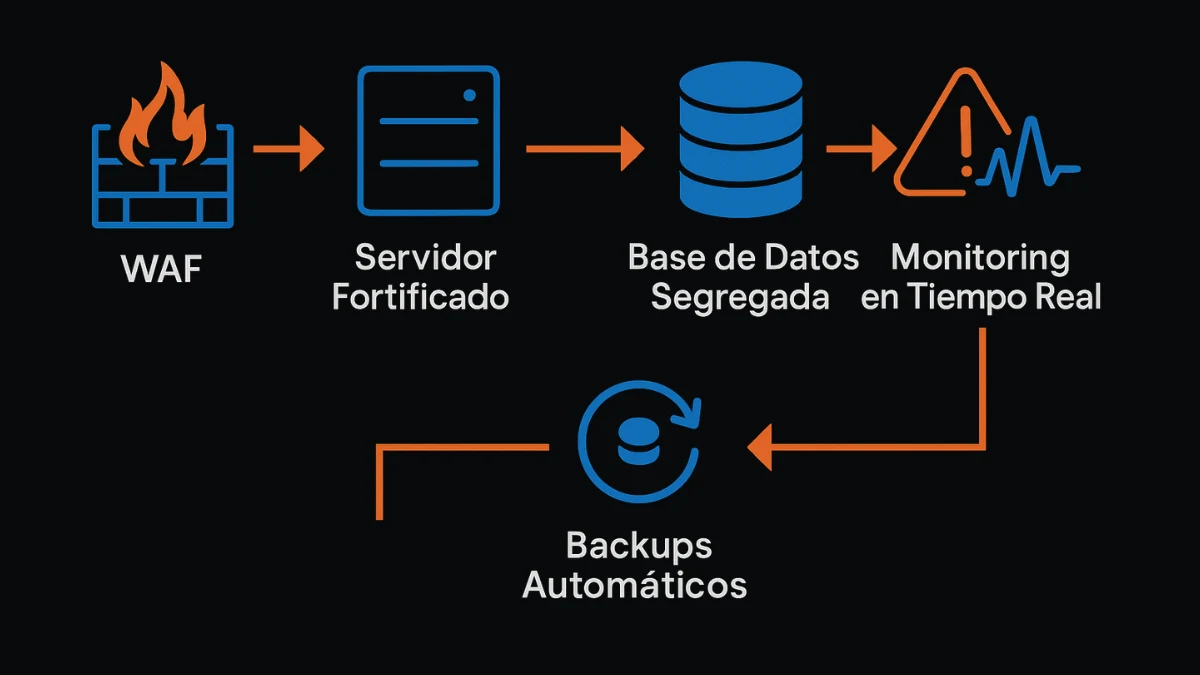 Diagrama de configuración de seguridad multicapa para Magento 2 B2B con WAF y monitorización
