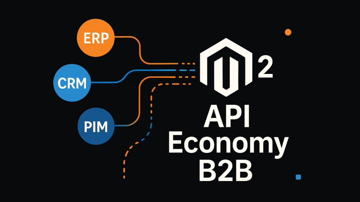 Ecosistema de integraciones API B2B con Magento 2 conectando ERP, CRM y sistemas empresariales