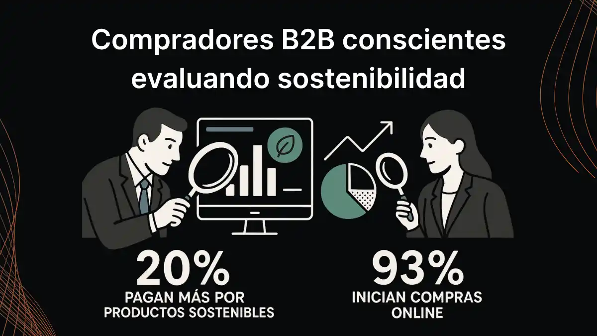 Infografía sobre compradores B2B conscientes que evalúan sostenibilidad en Magento 2 B2B sostenible con estadísticas del 20% dispuestos a pagar más