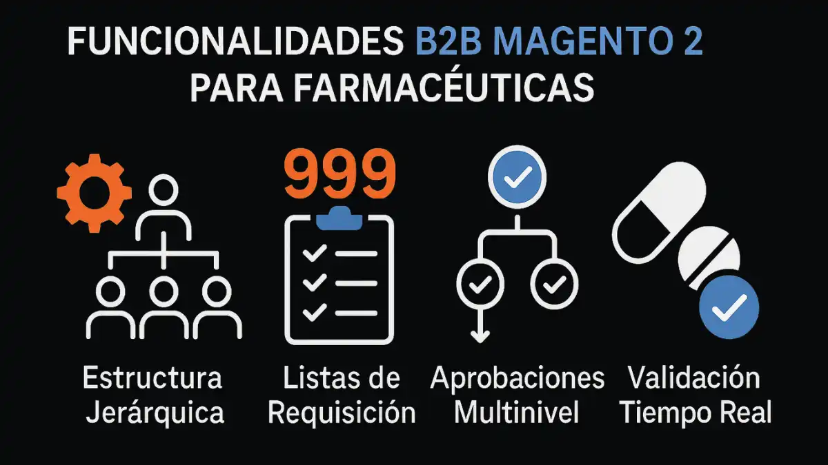 Infografía de funcionalidades B2B de Magento 2 para farmacéuticas mostrando gestión jerárquica y validación en tiempo real
