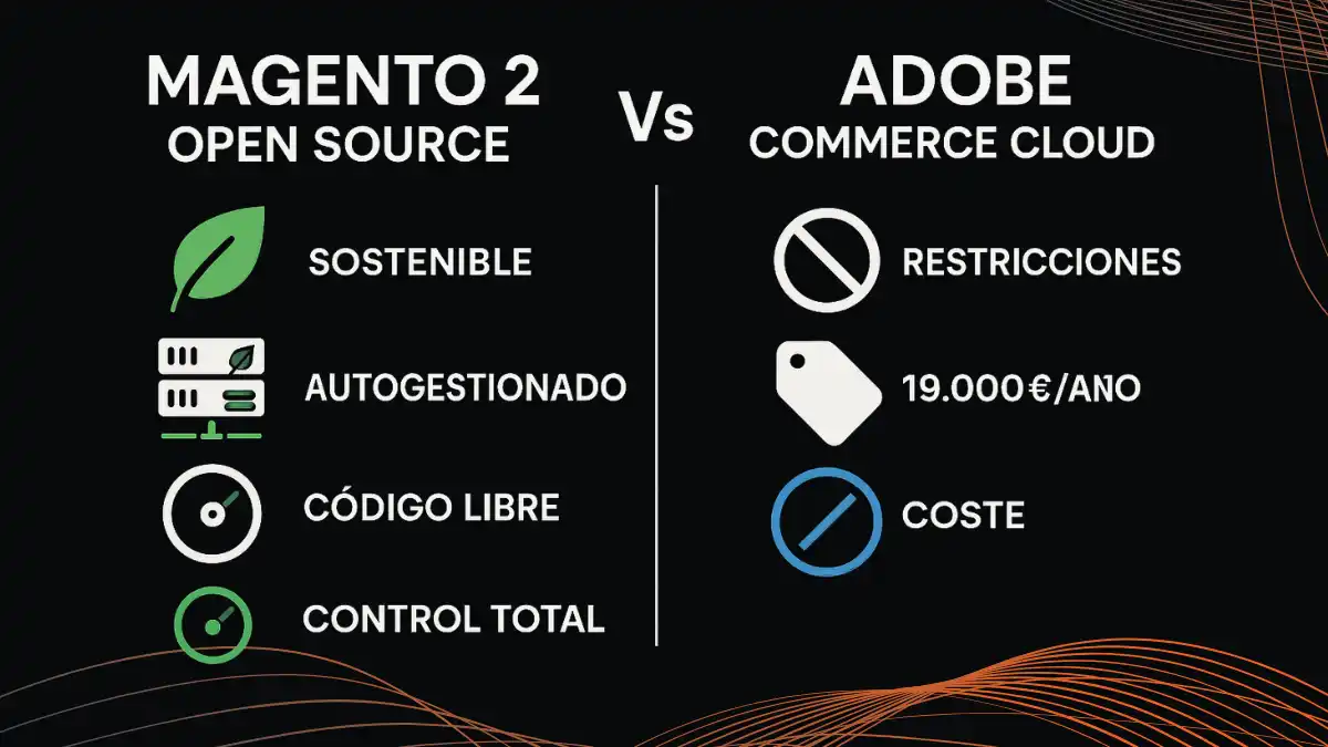 Comparativa visual entre Magento 2 Open Source y Adobe Commerce Cloud mostrando ventajas de sostenibilidad y control de infraestructura