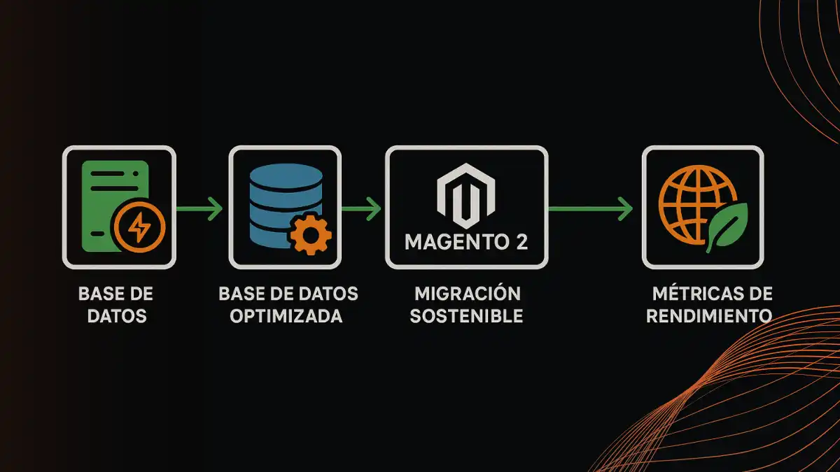 Diagrama de migración a Magento 2 B2B sostenible con hosting verde, CDN sostenible y optimización de base de datos