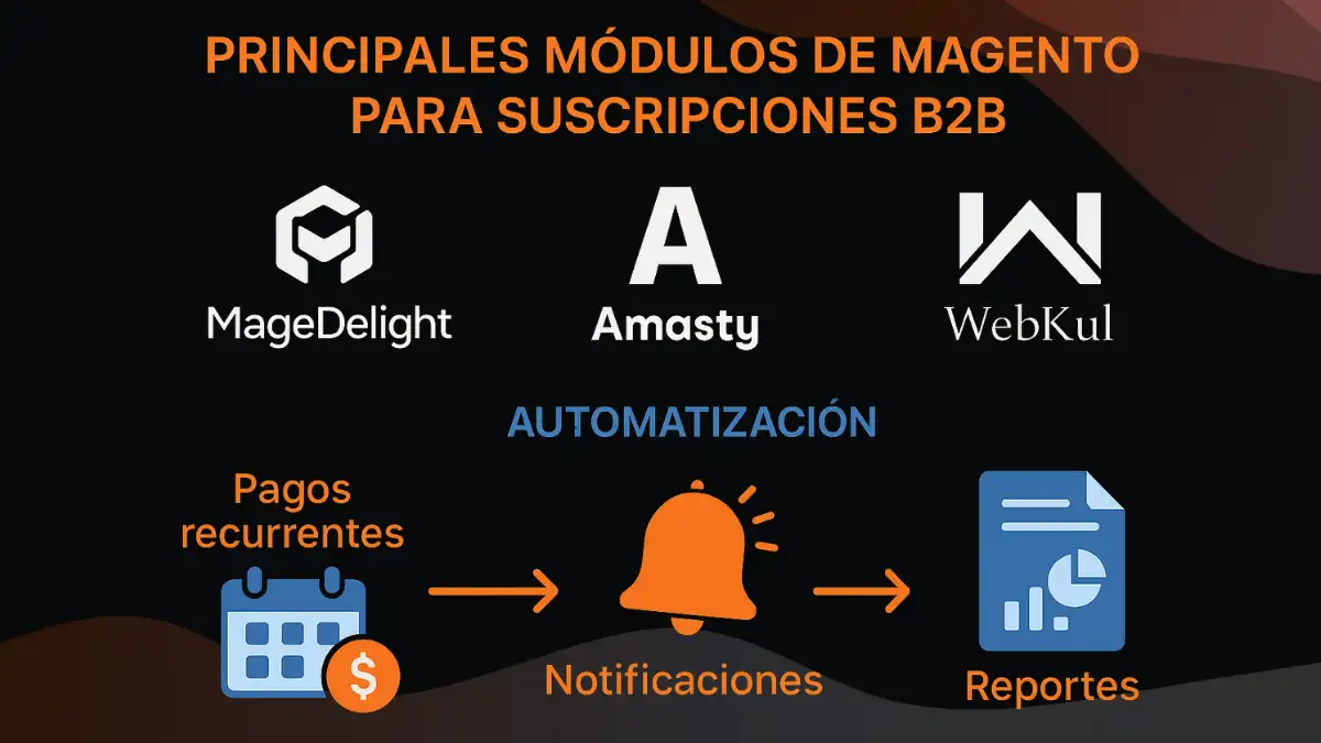 Infografía de las mejores extensiones y módulos de Magento 2 para gestionar suscripciones B2B