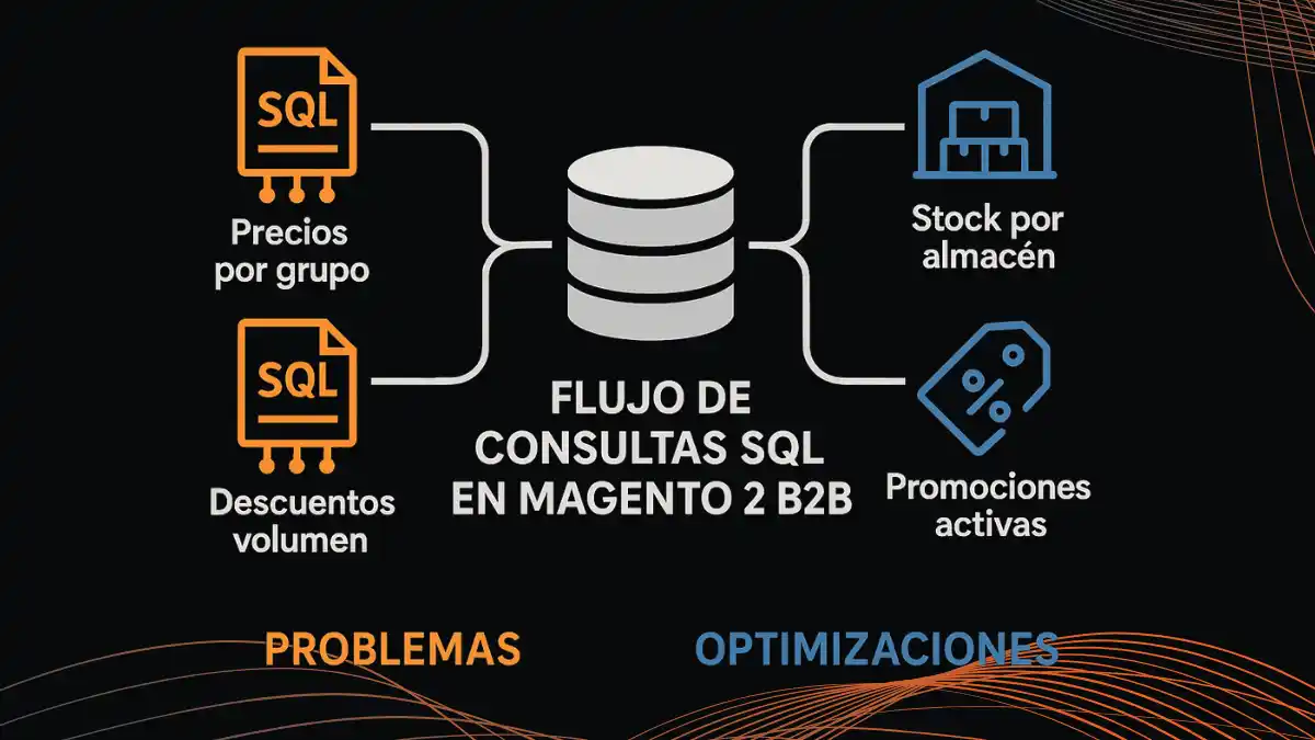 Diagrama de consultas complejas que ralentizan Magento 2 B2B con precios personalizados y catálogos