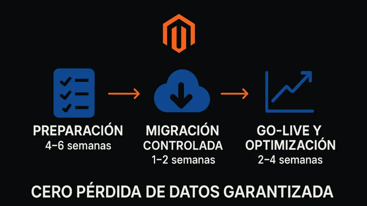 Timeline planificación migración Magento 2 cloud en 3 fases