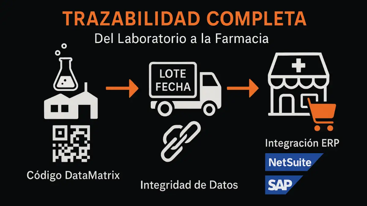 Diagrama de trazabilidad completa en Magento 2 desde laboratorio hasta farmacia con códigos DataMatrix