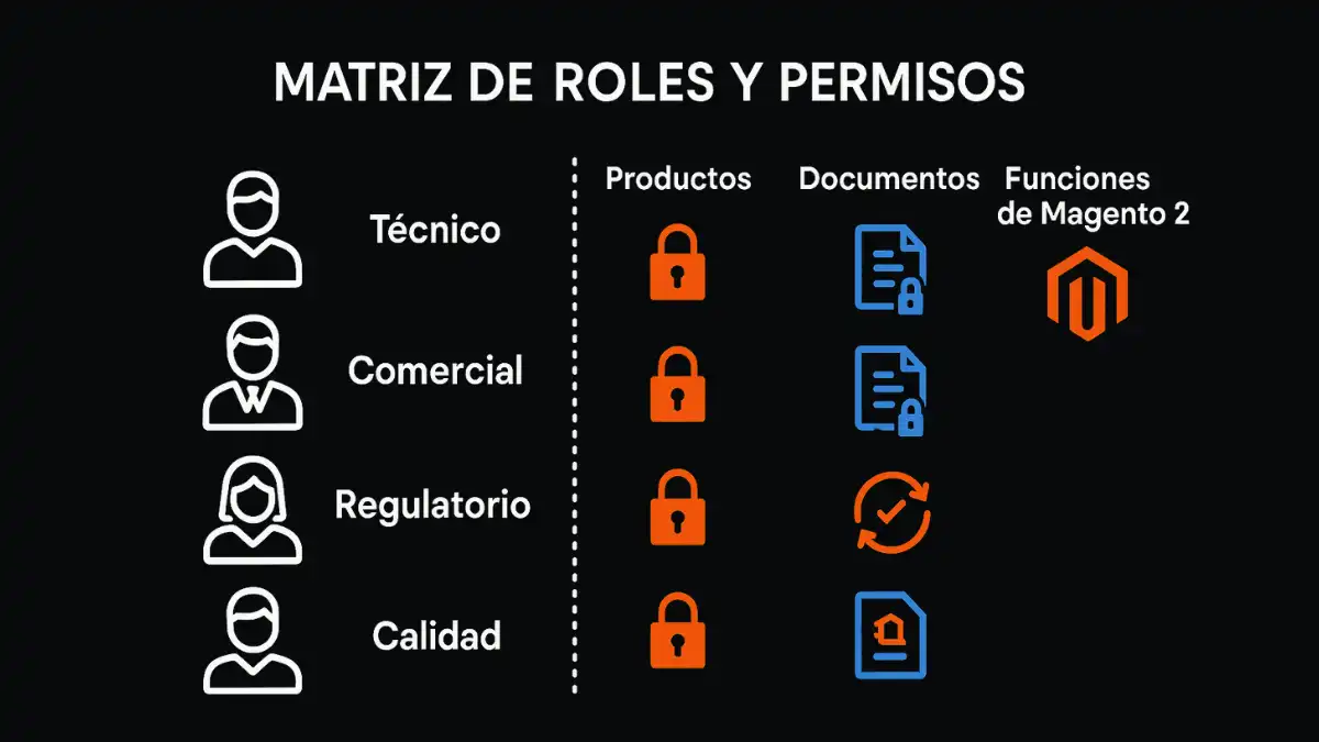 Autorizaciones por rol segregación funciones Magento 2 GxP compliance