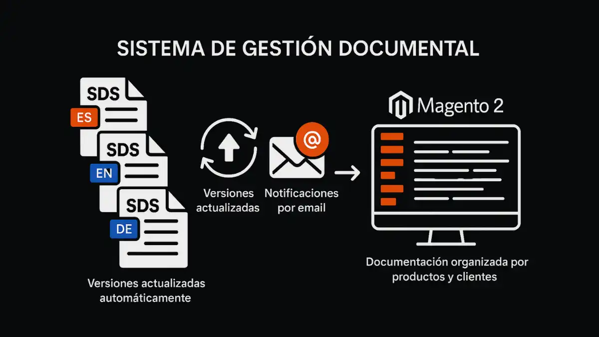 Fichas seguridad SDS automáticas Magento 2 gestión documental química