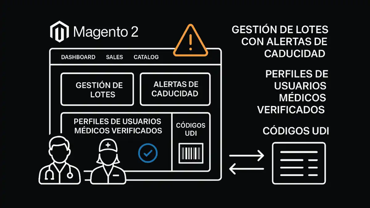 Funcionalidades Magento 2 material médico gestión lotes caducidad usuarios verificados