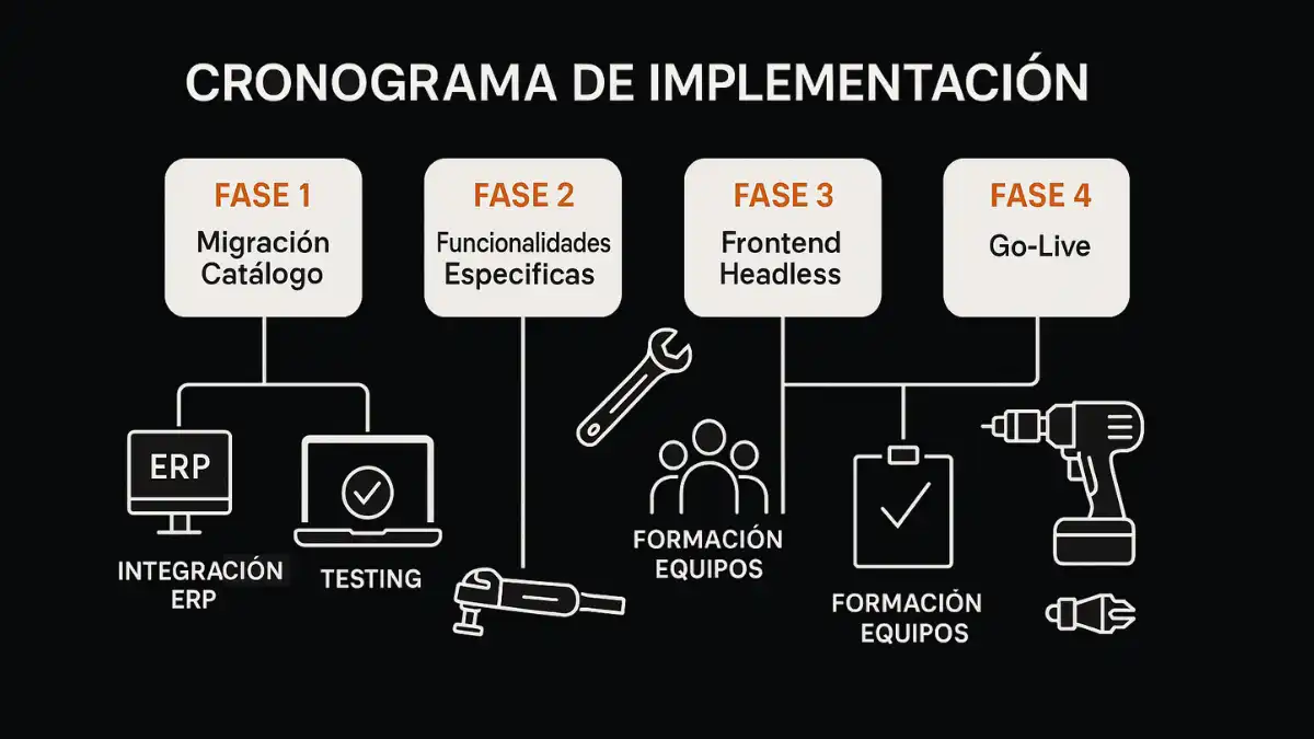 Implementación Magento 2 fases desarrollo herramientas industriales B2B ecommerce