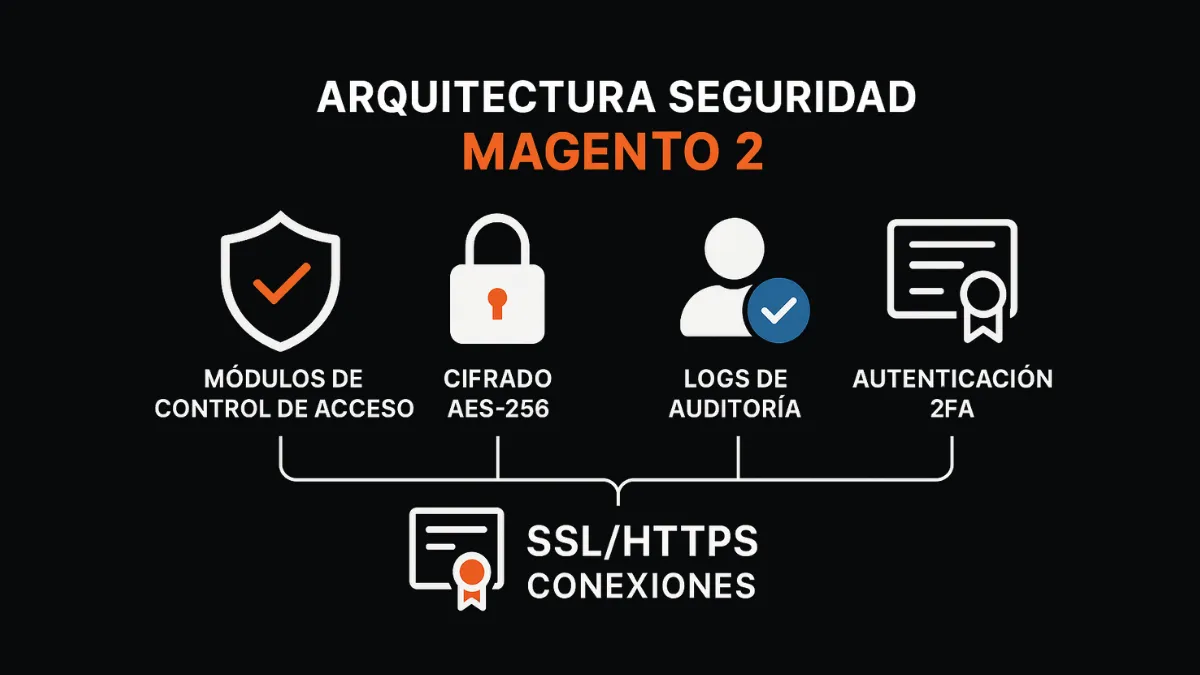 Arquitectura seguridad Magento 2 controles ISO 27001 acceso usuarios
