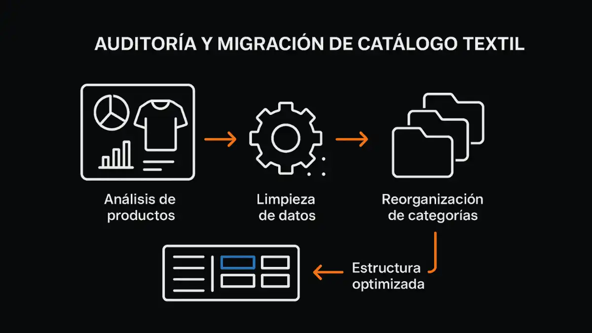 Migración Magento 2 textil auditoría catálogo estructura productos