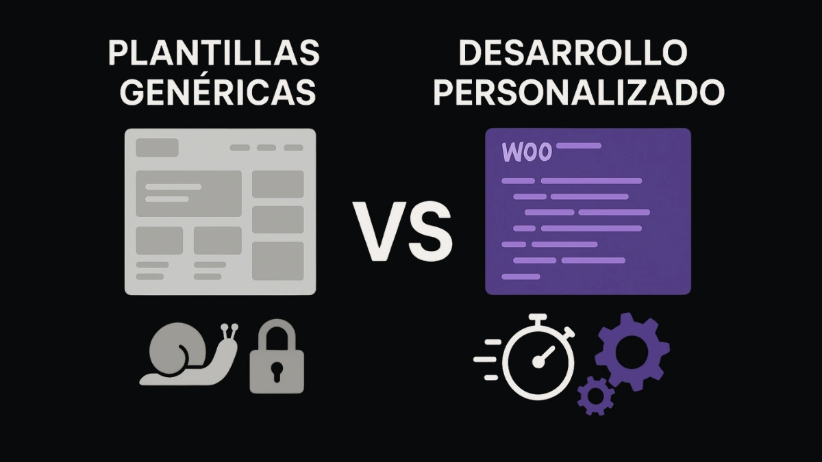 Comparativa visual entre plantillas WooCommerce genéricas y desarrollo personalizado mostrando diferencias en optimización y funcionalidades